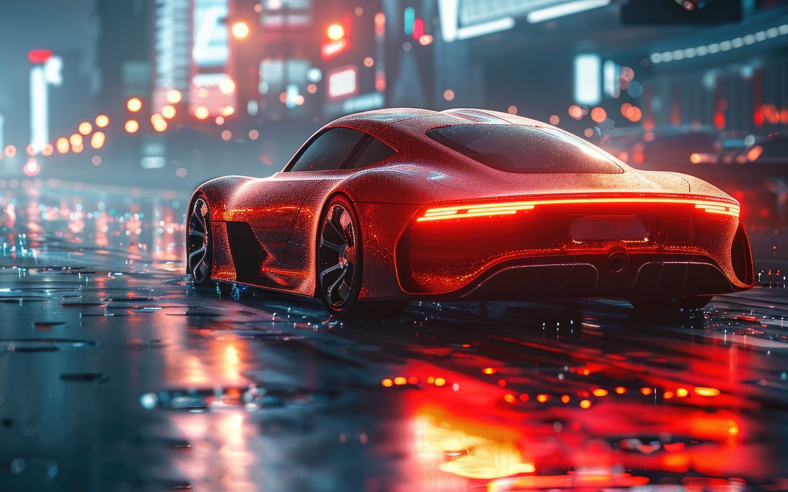 An expensive car with dark window tint on a street in California in the rain.