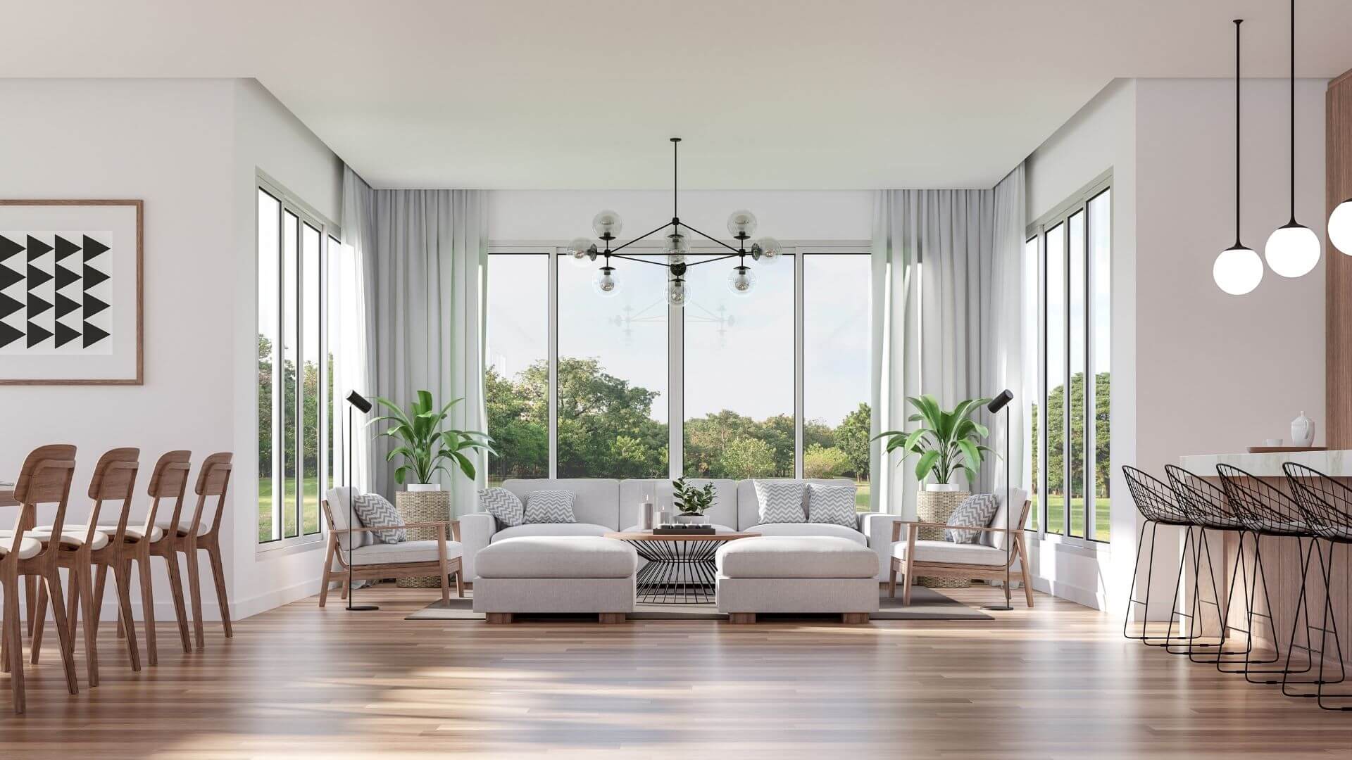 Modern home interior with large windows showcasing residential window tinting benefits for natural light, UV protection, and energy efficiency in Stockton CA